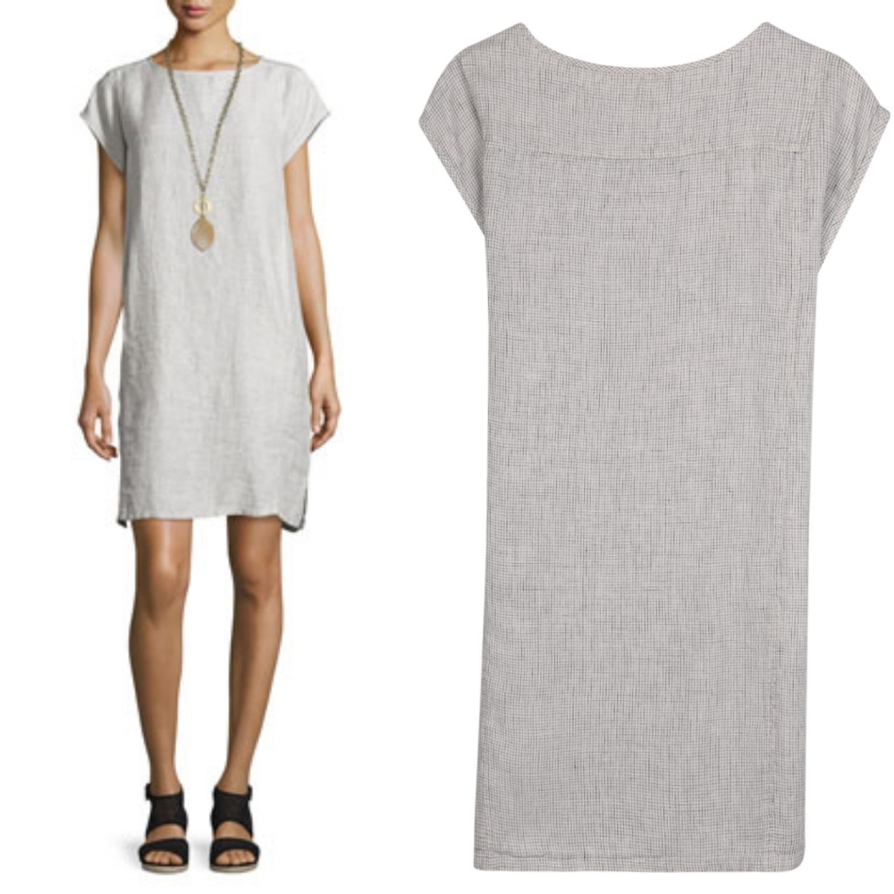 EILEEN FISHER Organic Linen Slub Check Ballet Neck Dress In Soft White NWTXL.